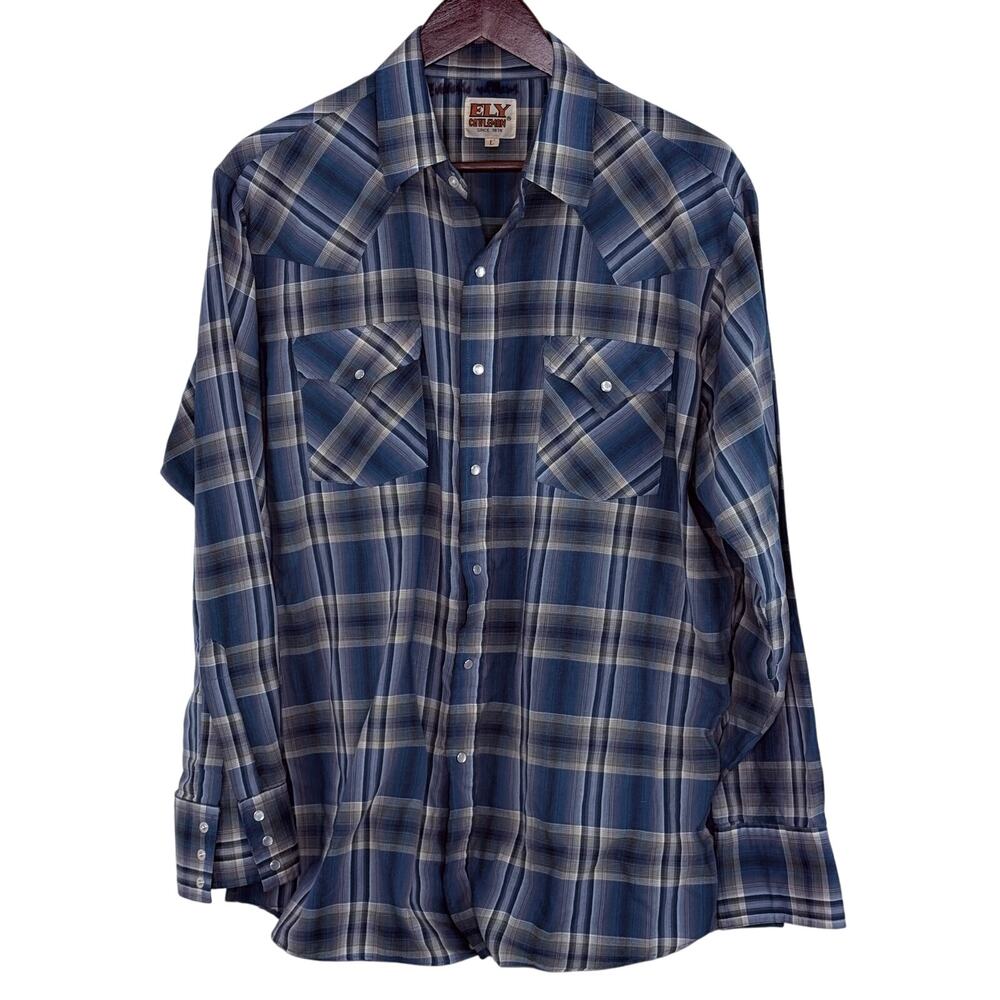 Vintage Ely Cattleman Pearl Snap Western Shirt Blue Tan Plaid Mens Large Cowboy